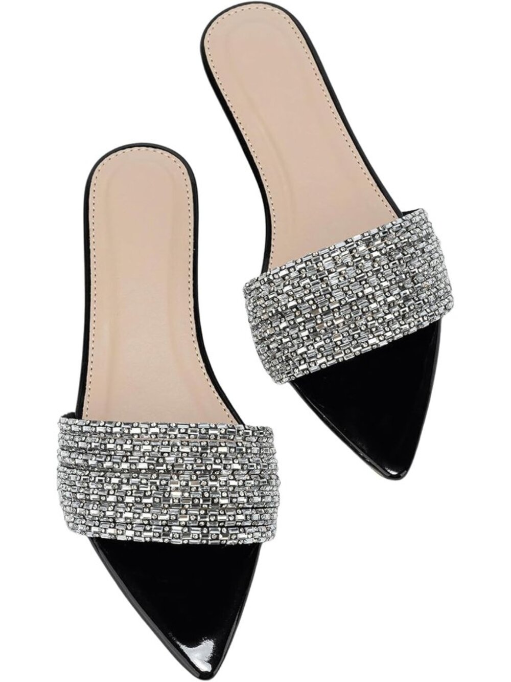 Women's Black 1 Rhinestone Sparkly Pointed Open Toe Imported Dressy Flat Sandals